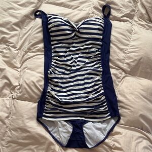 Glow & Glow Maternity Swimsuit Navy Two-Piece Swim Set With White Stripes Large